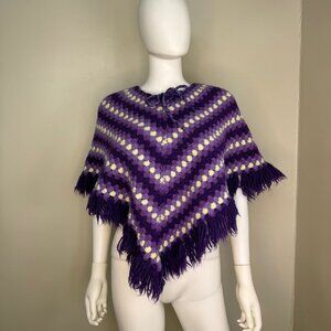 Vintage 1970s Purple Stripe Crochet Poncho with Fringe, Handmade
